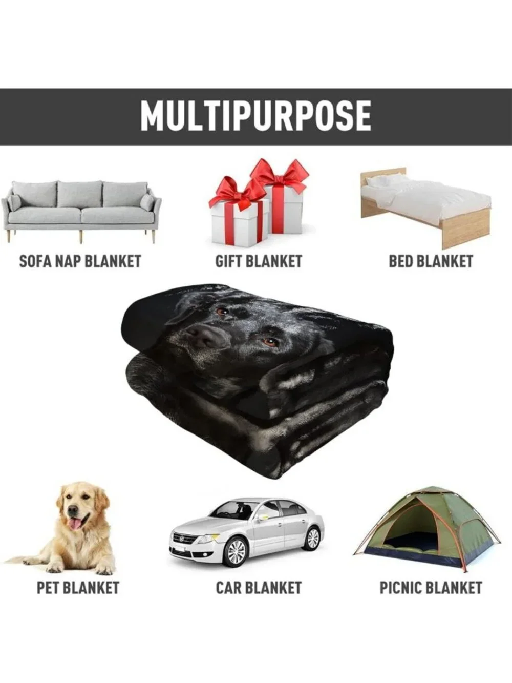 Cozy Black Lab Fleece Throw Blanket, Soft Fluffy Dog Print, 60